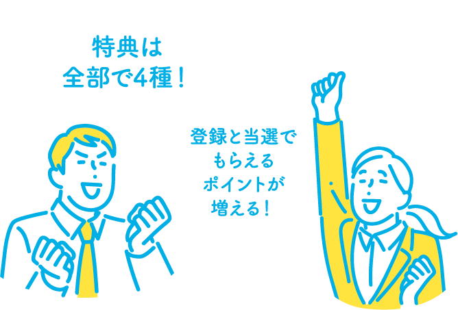 特典は全部で４種！登録と当選でもらえるポイントが増える！